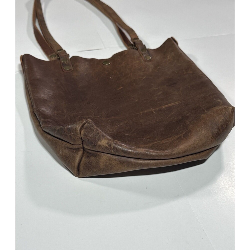 Vintage 90s Handmade Leather Small Tote Bag Hand Bag Brown Bourbon Made in USA - Picture 10 of 14
